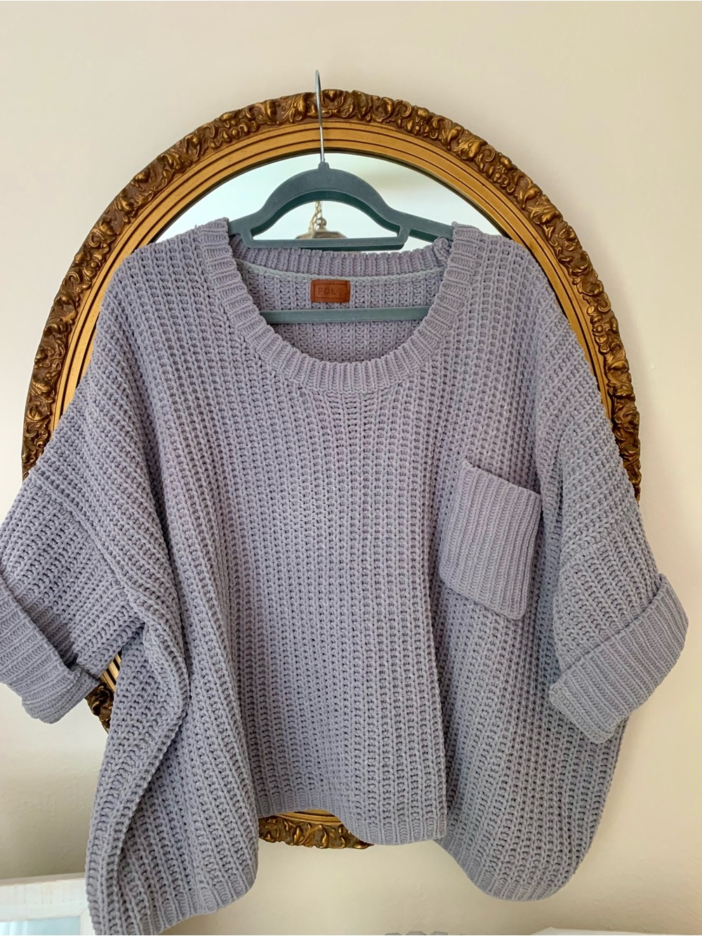 POL Gray Scoop Neck Waffle Knit Sweater with Pocket